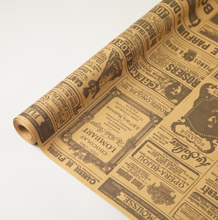 Флористическая крафт бумага "Винтажная газета", 70 см x 10 ярд, бурый / черный